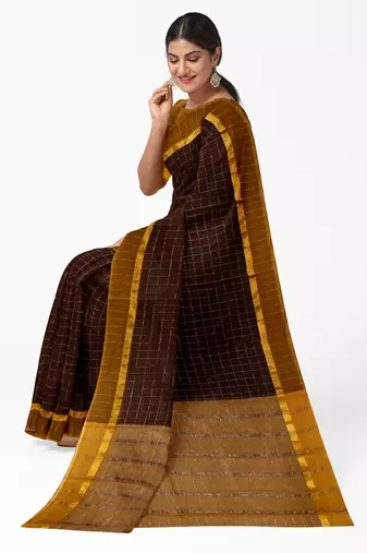 coffee brown checked cotton blend saree with mustard border