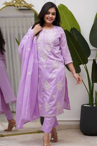 Women's Cotton Embroidered Kurta Pant with Dupatta Set