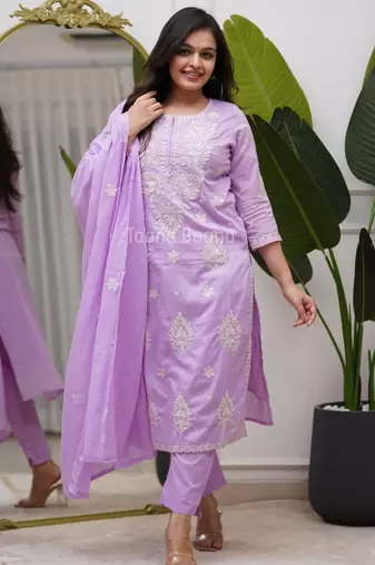 Women's Cotton Embroidered Kurta Pant with Dupatta Set