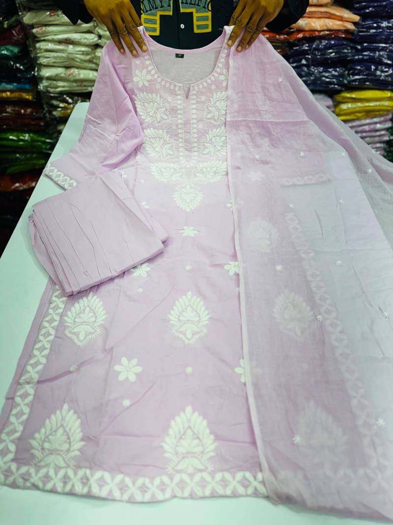 Women's Cotton Embroidered Kurta Pant with Dupatta Set
