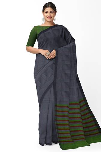 steel grey striped cotton blend saree with green pallu