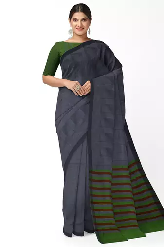 steel grey striped cotton blend saree with green pallu