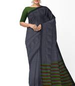 steel grey striped cotton blend saree with green pallu