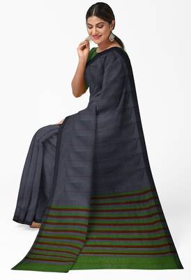 steel grey striped cotton blend saree with green pallu 2