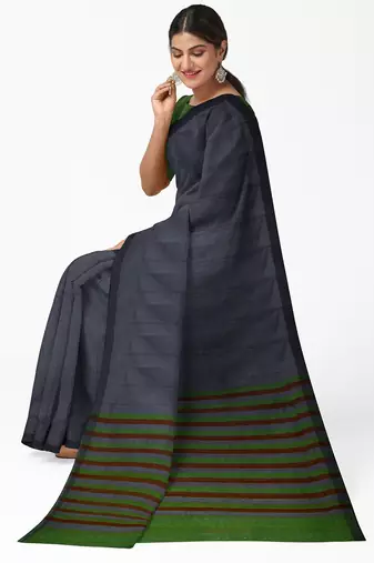 steel grey striped cotton blend saree with green pallu