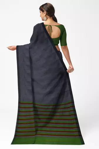steel grey striped cotton blend saree with green pallu