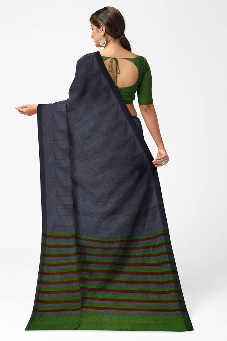 steel grey striped cotton blend saree with green pallu