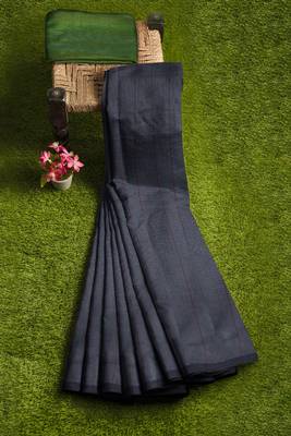 steel grey striped cotton blend saree with green pallu 4