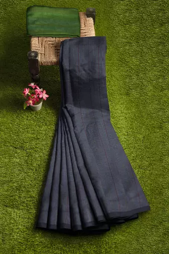 steel grey striped cotton blend saree with green pallu