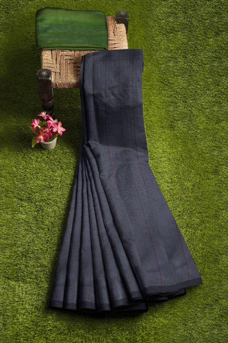 steel grey striped cotton blend saree with green pallu
