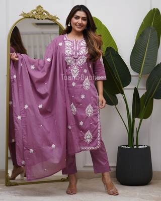 Women's Cotton Embroidered Kurta Pant with Dupatta -Onion Pink 1