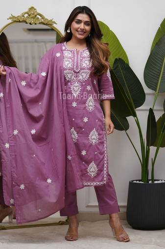 Women's Cotton Embroidered Kurta Pant with Dupatta -Onion Pink
