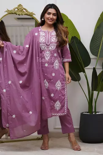Women's Cotton Embroidered Kurta Pant with Dupatta -Onion Pink