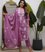 Women's Cotton Embroidered Kurta Pant with Dupatta -Onion Pink