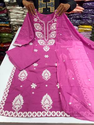 Women's Cotton Embroidered Kurta Pant with Dupatta -Onion Pink 2