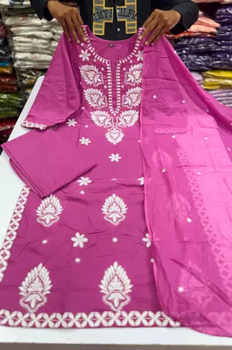 Women's Cotton Embroidered Kurta Pant with Dupatta -Onion Pink