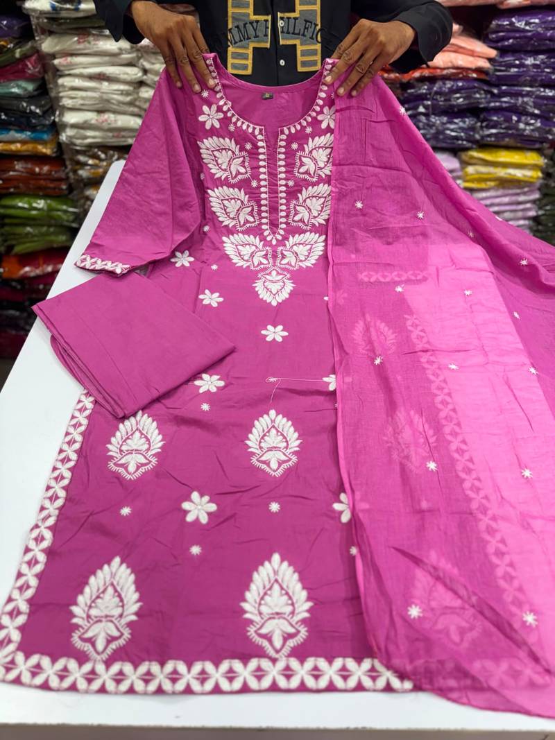 Women's Cotton Embroidered Kurta Pant with Dupatta -Onion Pink