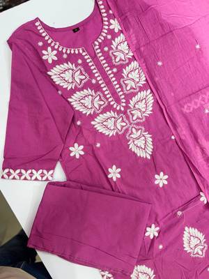 Women's Cotton Embroidered Kurta Pant with Dupatta -Onion Pink 3