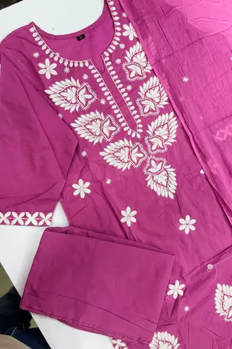 Women's Cotton Embroidered Kurta Pant with Dupatta -Onion Pink