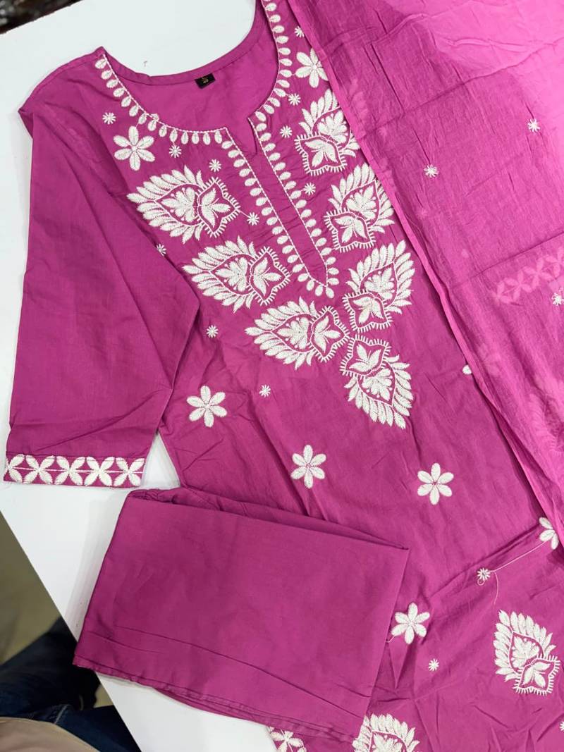 Women's Cotton Embroidered Kurta Pant with Dupatta -Onion Pink
