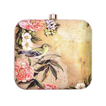 Beige based floral and bird printed clutch bag for women with detachable chain strap 1