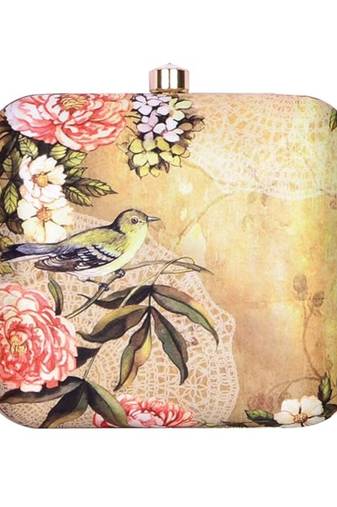 Beige based floral and bird printed clutch bag for women with detachable chain strap