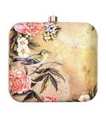 Beige based floral and bird printed clutch bag for women with detachable chain strap