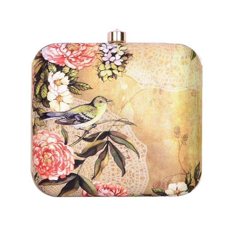 Beige based floral and bird printed clutch bag for women with detachable chain strap