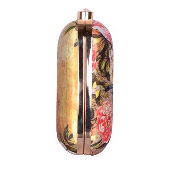 Beige based floral and bird printed clutch bag for women with detachable chain strap 2