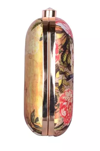 Beige based floral and bird printed clutch bag for women with detachable chain strap