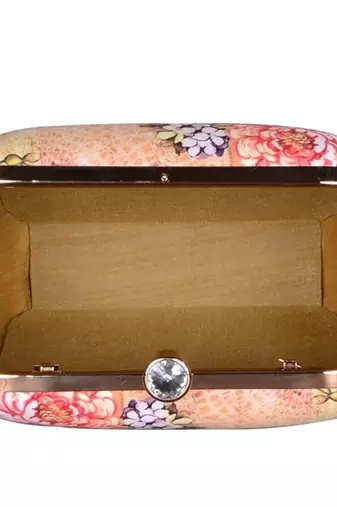 Beige based floral and bird printed clutch bag for women with detachable chain strap