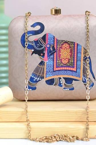 Pink & blue royal elephant box clutch purse with detachable strap chain