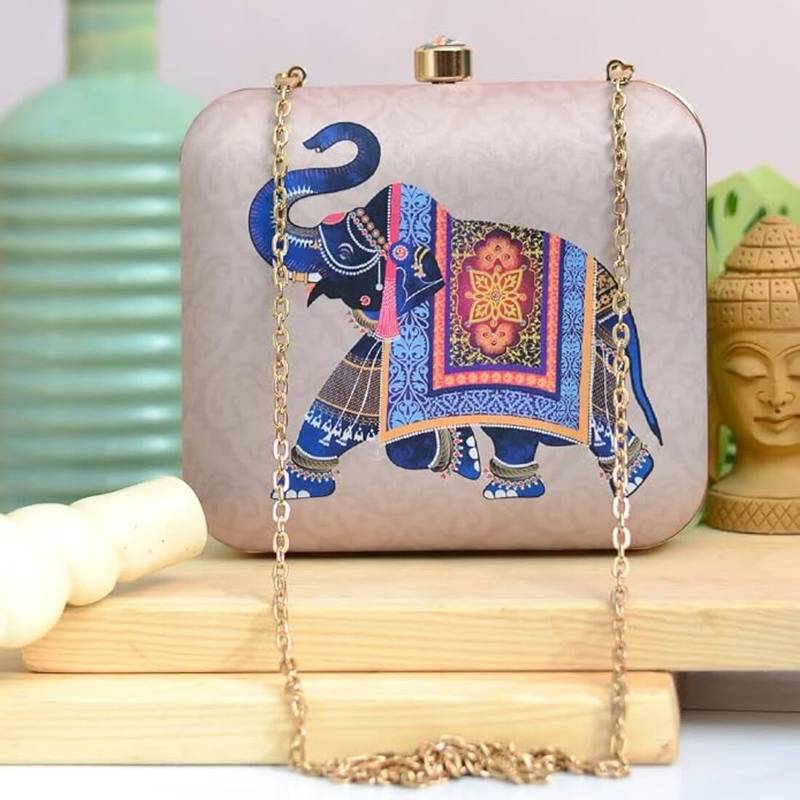 Pink & blue royal elephant box clutch purse with detachable strap chain