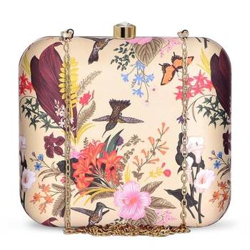 Beige flower & birds print hand clutch for women & girls 1