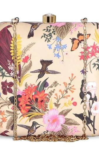Beige flower & birds print hand clutch for women & girls