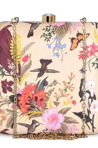 Beige flower & birds print hand clutch for women & girls