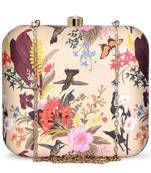 Beige flower & birds print hand clutch for women & girls