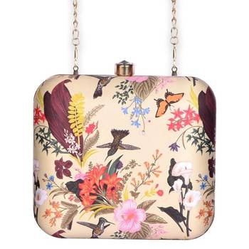 Beige flower & birds print hand clutch for women & girls 2