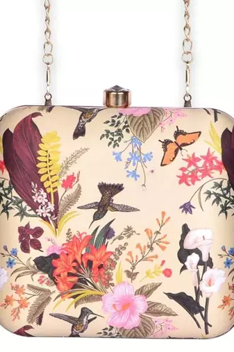 Beige flower & birds print hand clutch for women & girls