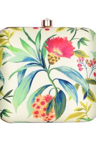 Light green floral printed clutch bag for women with detachable strap