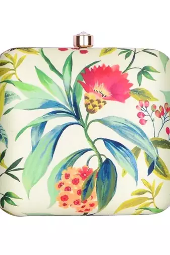 Light green floral printed clutch bag for women with detachable strap