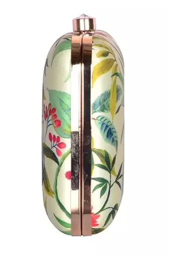 Light green floral printed clutch bag for women with detachable strap