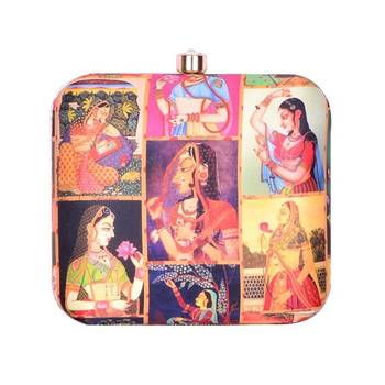 Mughal miniature printed clutch bag for women with detachable sling 1