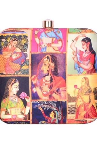 Mughal miniature printed clutch bag for women with detachable sling