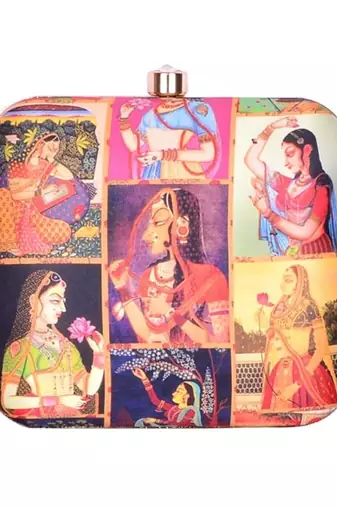Mughal miniature printed clutch bag for women with detachable sling