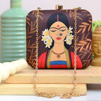 The portrait of indian women printed clutch bag for women with detachable strap 1