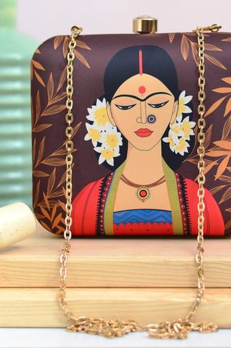 The portrait of indian women printed clutch bag for women with detachable strap