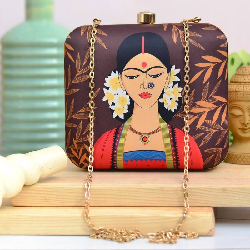 The portrait of indian women printed clutch bag for women with detachable strap