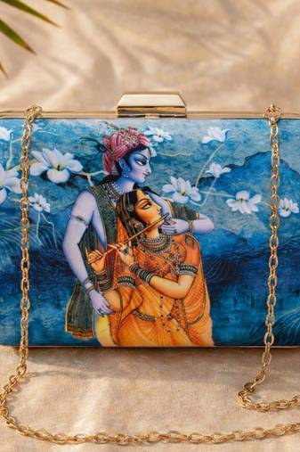 Blue & orange radha krishna printed box clutch bag for women with detachable strap