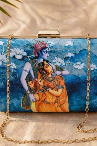 Blue & orange radha krishna printed box clutch bag for women with detachable strap